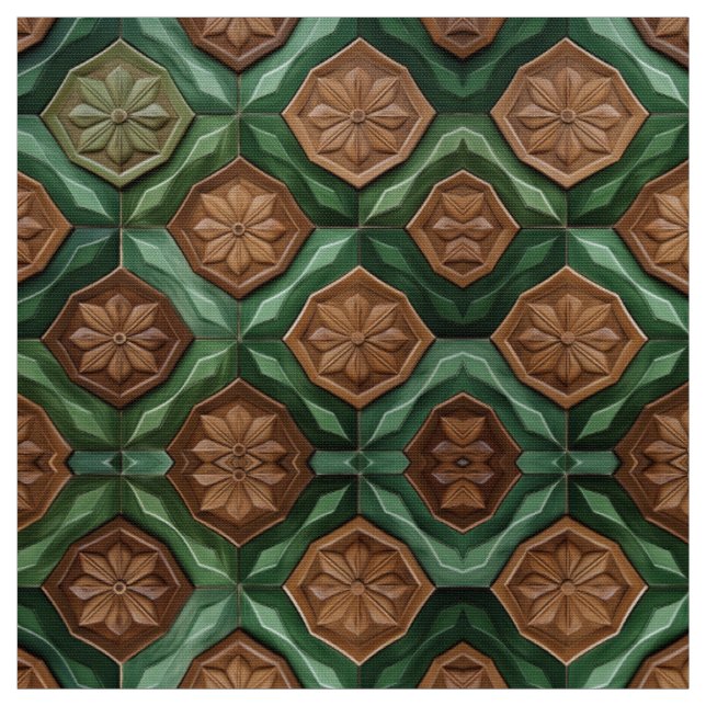Earthy Green and Brown Floral Tile Fabric (Swatch)