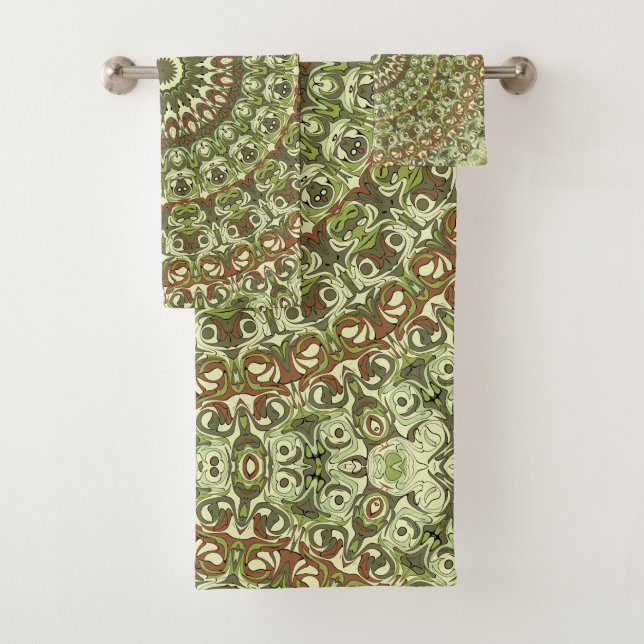 Earthy Green and Brown Mandala Pattern Design Bath Towel Set (Insitu)