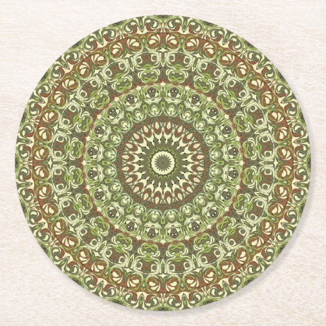 Earthy Green and Brown Mandala Pattern Design Round Paper Coaster (Front)