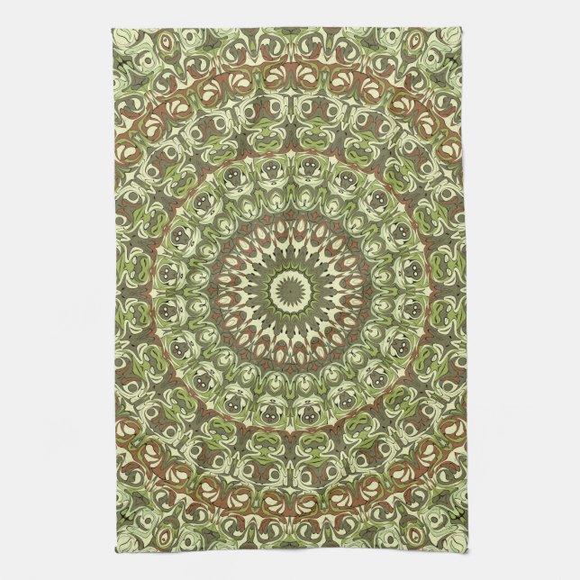 Earthy Green and Brown Mandala Pattern Design Tea Towel (Vertical)