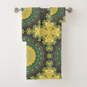 Earthy Green and Yellow Mandala Kaleidoscope Bath Towel Set