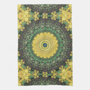 Earthy Green and Yellow Mandala Kaleidoscope Tea Towel