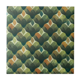 Earthy Green Art Deco Fan Pattern (1) Tile