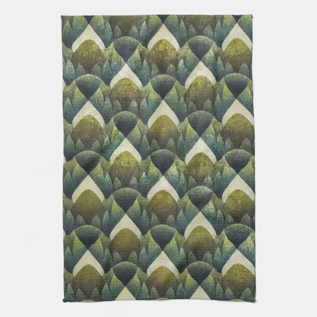 Earthy Green Art Deco Fan Pattern (5) Tea Towel (Vertical)
