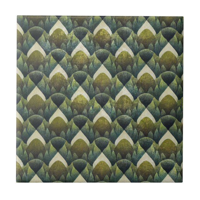 Earthy Green Art Deco Fan Pattern (5) Tile (Front)