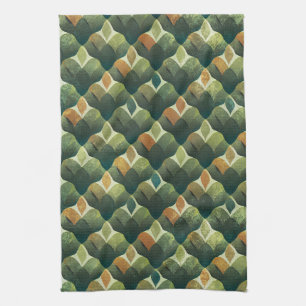Earthy Green Art Deco Fan Pattern Tea Towel