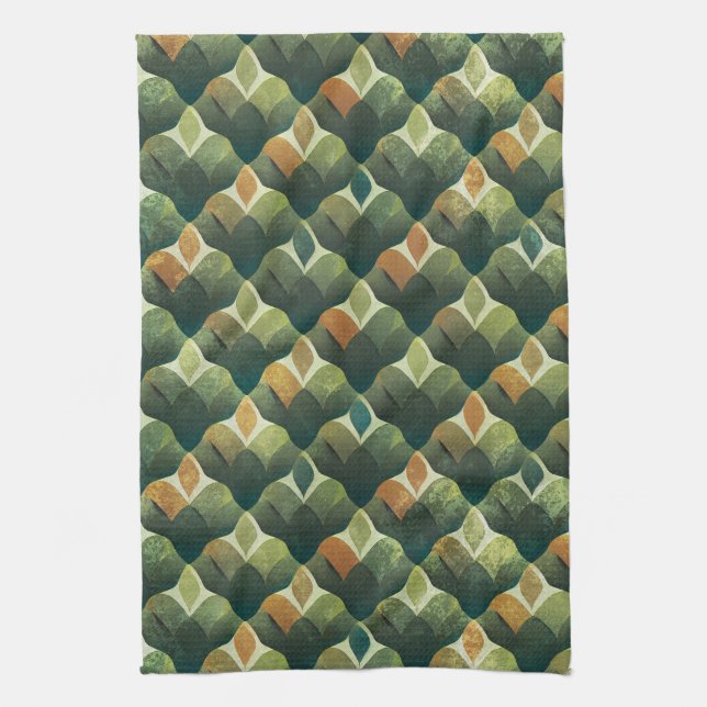 Earthy Green Art Deco Fan Pattern Tea Towel (Vertical)