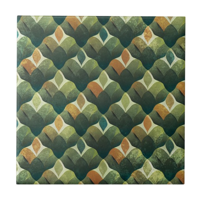 Earthy Green Art Deco Fan Pattern Tile (Front)