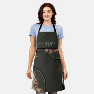 Earthy Green Artistic Floral + Your Name Kitchen Apron