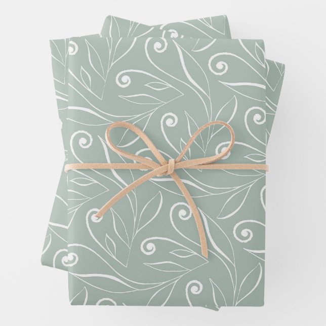 Earthy Green Floral Swirls  Wrapping Paper Sheet (In situ)