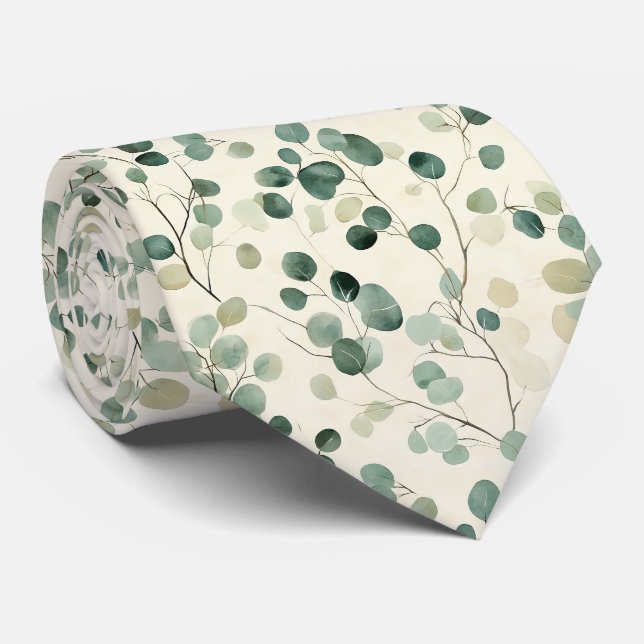 Earthy Green Leaves with Cream Fall Background Tie (Rolled)