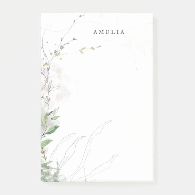 Earthy Greenery Watercolor Personalised Name Post-it Notes (Front)