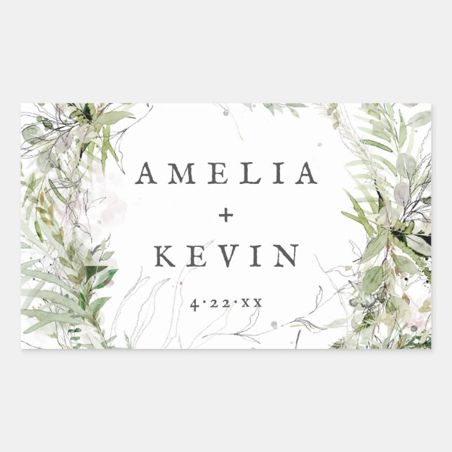 Earthy Greenery Watercolor Personalised Wedding Rectangular Sticker (Front)