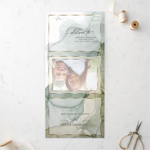 Earthy Greens and Golds Abstract Ink Tri-Fold Inv Invitation