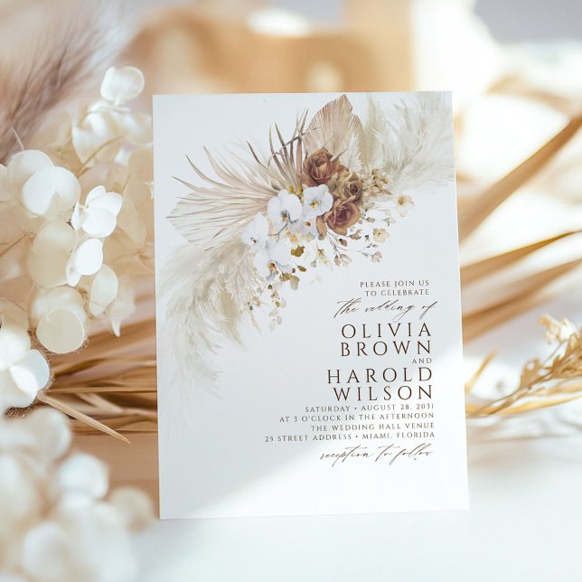 Earthy Hues Flowers Elegant Pampas Grass Wedding Invitation (Dried Foliage Boho Wedding Invitations)