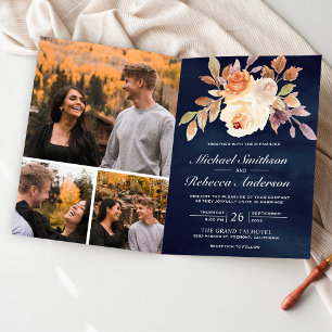 Earthy Ivory Floral QR Code Navy Blue Wedding Invitation