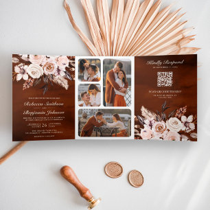 Earthy Ivory Floral QR Code Terracotta Wedding Tri-Fold Invitation