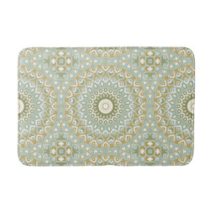 Earthy Mandala in Green, Gold, and Soft Blue Bath Mat