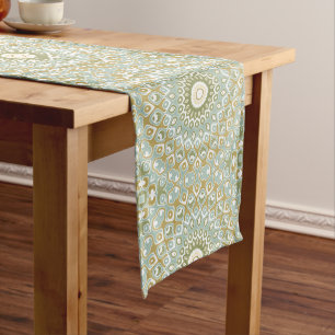 Earthy Mandala in Green, Gold, and Soft Blue Medium Table Runner