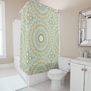 Earthy Mandala in Green, Gold, and Soft Blue Shower Curtain