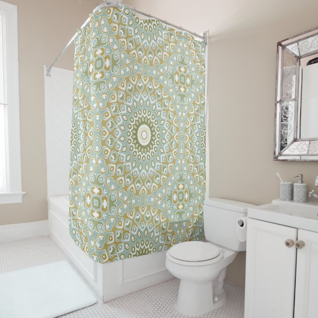 Earthy Mandala in Green, Gold, and Soft Blue Shower Curtain (In Situ)