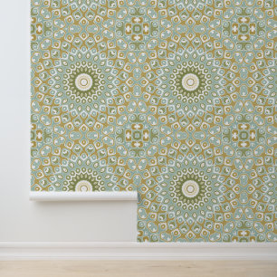 Earthy Mandala in Green, Gold, and Soft Blue Wallpaper