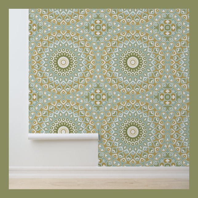 Earthy Mandala in Green, Gold, and Soft Blue Wallpaper (Creator Uploaded)