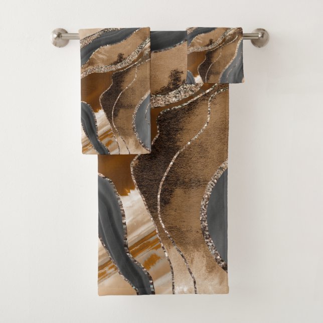 Earthy Marble Agate Gold Glitter Glam #1  Bath Towel Set (Insitu)