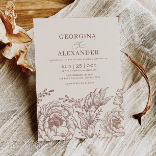 Earthy Modern Vintage Botanical Terracotta Wedding Invitation