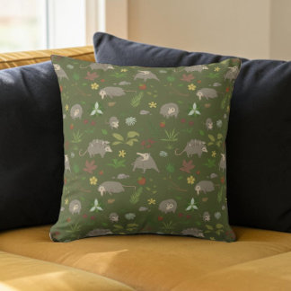 Earthy Moss Green Opossum Cottagecore Cushion