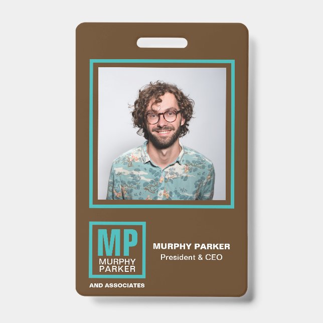 Earthy Natural Brown Turquoise Monogram Logo Photo ID Badge (Front)