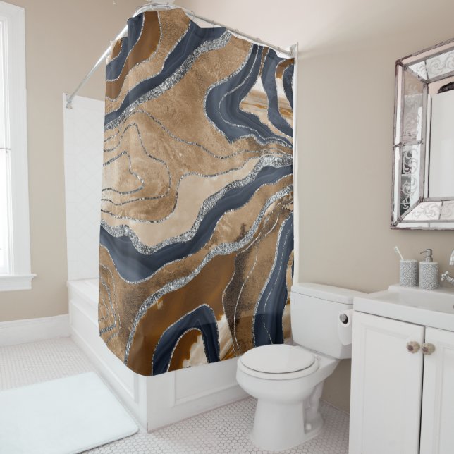 Earthy Navy Blue Marble Agate Silver Glitter 1 Shower Curtain (In Situ)