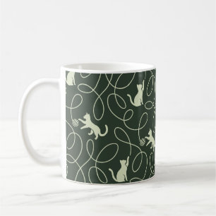 Earthy Neutral Cat and Yarn Ball Forest Sage Green Coffee Mug