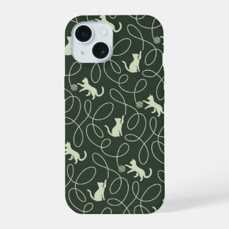 Earthy Neutral Cat and Yarn Ball Forest Sage Green iPhone 15 Case