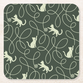 Earthy Neutral Cat and Yarn Ball Forest Sage Green Square Paper Coaster