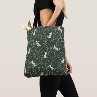 Earthy Neutral Cat and Yarn Ball Forest Sage Green Tote Bag