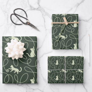 Earthy Neutral Cat and Yarn Ball Forest Sage Green Wrapping Paper Sheet
