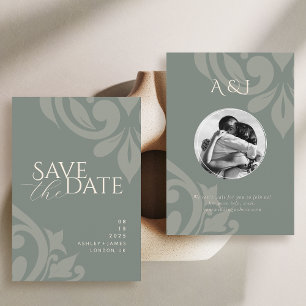 Earthy Olive Classic Damask Elegant Photo Wedding Save The Date