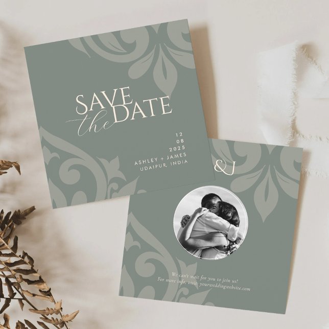 Earthy Olive Damask Elegant Classic Photo Wedding Save The Date (Creator Uploaded)