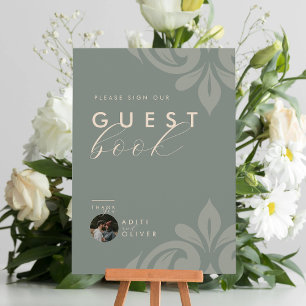 Earthy Olive Elegant Damask Photo Guestbook Sign