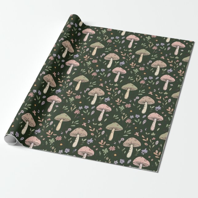 Earthy Olive Green Fungi Seamless Pattern Wrapping Paper (Unrolled)
