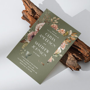 Earthy Olive Green Wedding Boho Floral QR Code Invitation
