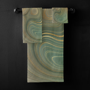 Earthy Olive Strata   Green and Gold Ink Agate Bath Towel Set