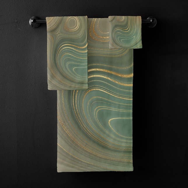 Earthy Olive Strata | Green and Gold Ink Agate Bath Towel Set (Creator Uploaded)