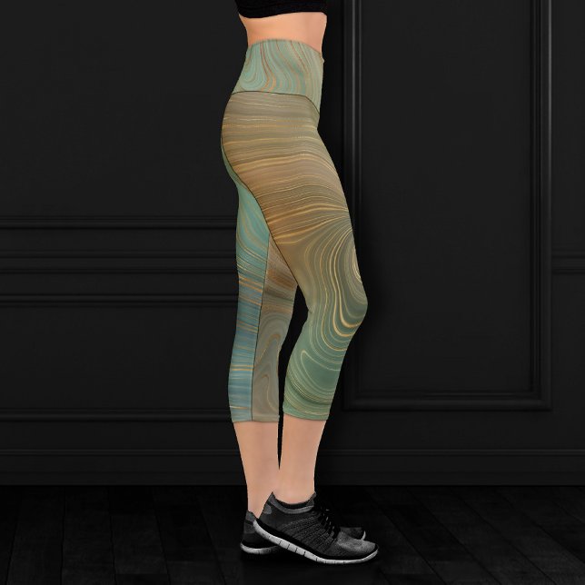 Earthy Olive Strata | Green and Gold Ink Agate Capri Leggings (Creator Uploaded)