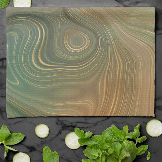 Earthy Olive Strata | Green and Gold Ink Agate Tea Towel (Creator Uploaded)
