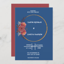 Earthy Orange Roses Floral Navy Blue Wedding  Invi