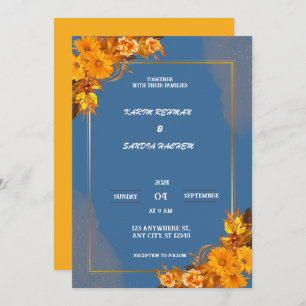 Earthy Orange Roses Floral Navy Blue Wedding  Invitation
