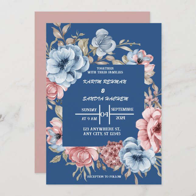 Earthy Orange Roses Floral Navy Blue Wedding  Invitation (Front/Back)