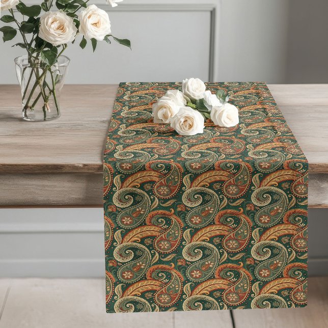 Earthy Paisley Boho Dark Green Brown Copper Sage Long Table Runner (Earthy Paisley Boho Dark Green Brown Copper Sage Long Table Runner)